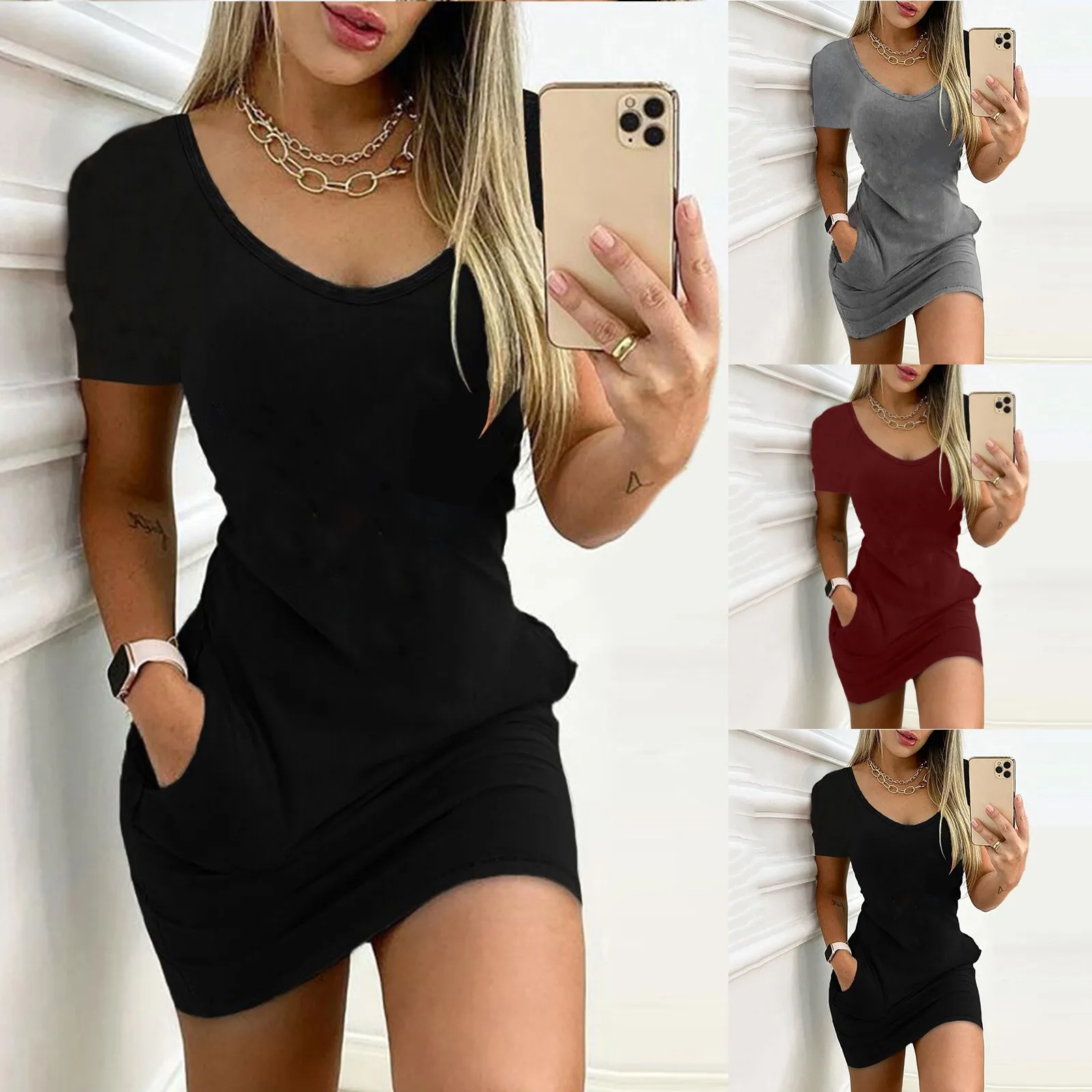 Mini robe slim à manches courtes et col en V pour femmes, robes de batterie et de hanche, robe éducative, poche décontractée, document solide, été sexy