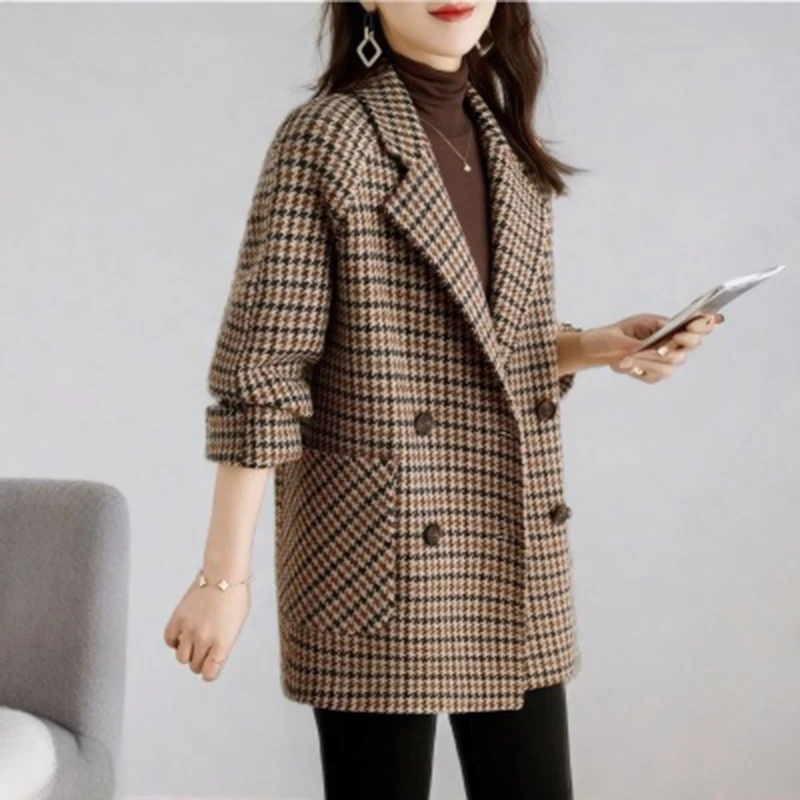 Vintage Houndstooth Wool Blazer Women Winter Thick Warm Double Breasted Lapel Coats Y2K Korean Loose All-Match Blends Outerwear