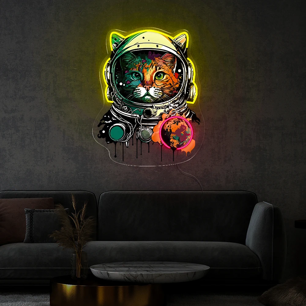 Letrero de neón personalizado para dormitorio de niños, decoración de pared, luz LED de neón, obra de arte de astronauta de gato, decoración de sala de juegos, regalo personalizado