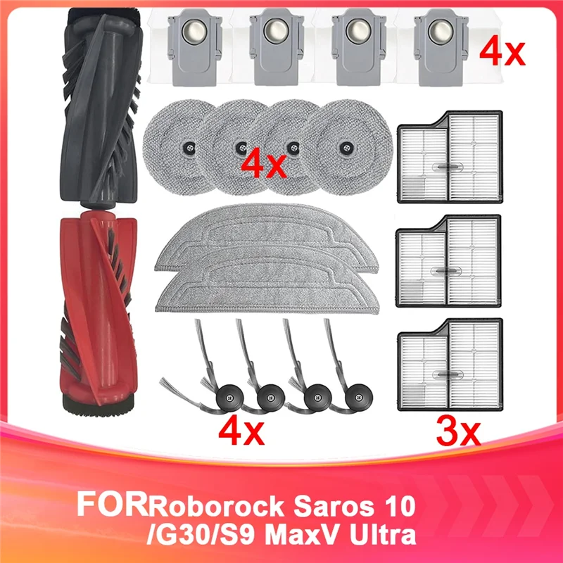 AT28-For Roborock Saros 10/S9 Maxv Ultra Robot Vacuum Cleaner Replacement Accessories Kit Double Main Brush,Filters,Dust Bags