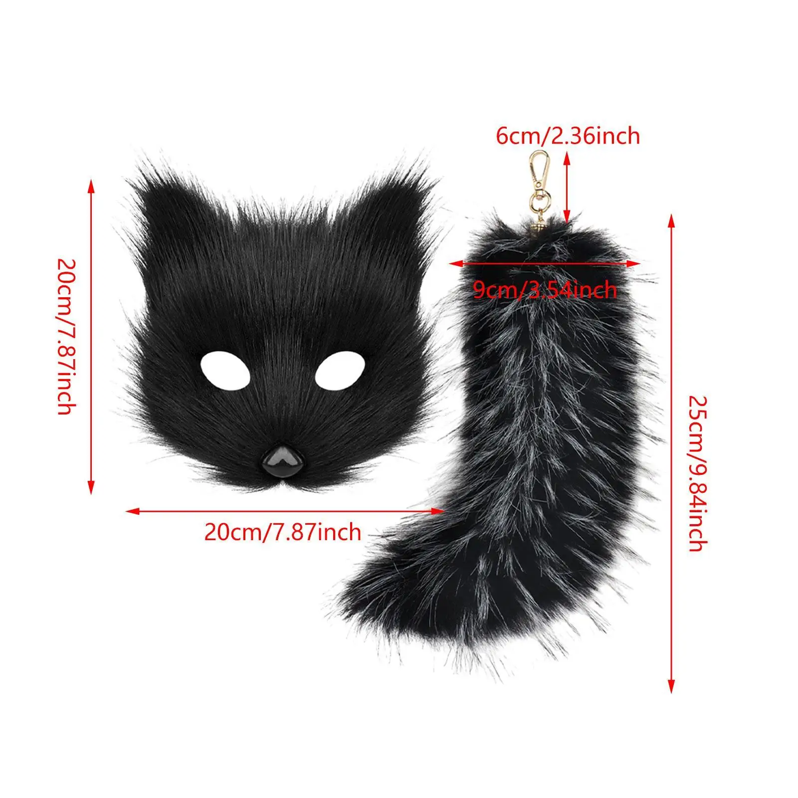 Conjunto de máscara e cauda therian, máscara de gato, dramatização, festa, chaveiro de cauda peluda para mulheres, cauda longa de 10 ", fantasia de halloween, máscara de animal