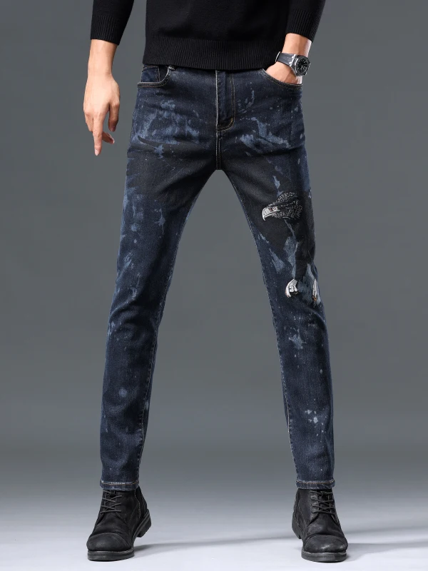 

American High Street fiti Embroidered Slim Fit Men's Jeans Spring Autumn Eagle Head Casual Pants Trendy Long Trousers