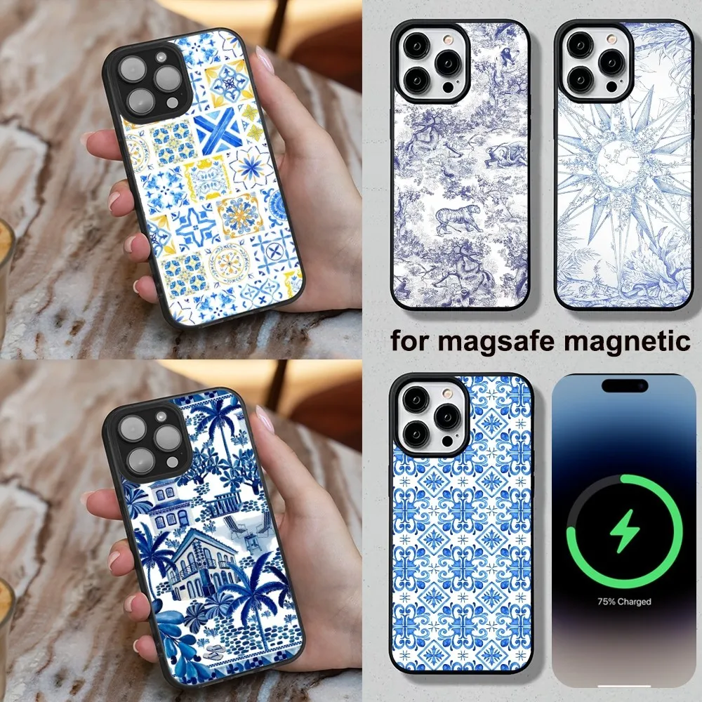 Blue and white print Phone Case For iPhone 16,15,14,13,12,11,Plus,Pro,Max,Mini Soft Magesafe Magnetic Wireless Charge