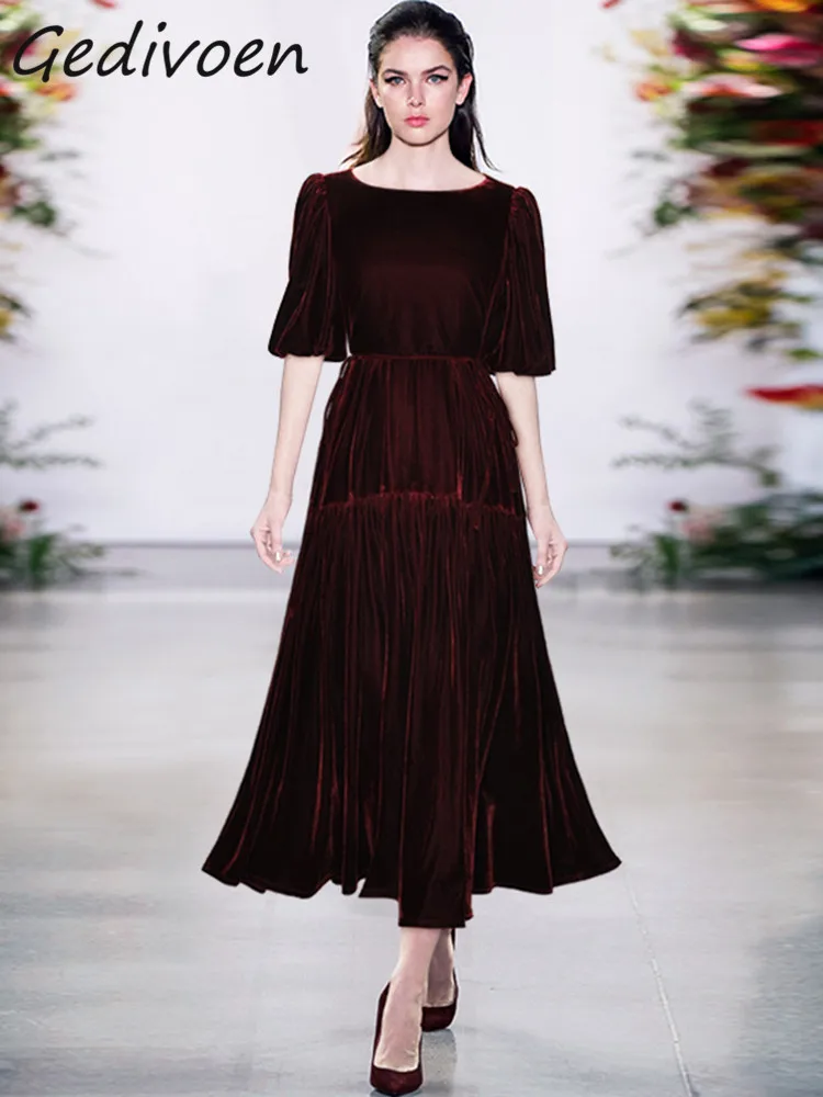 Gedivoen Spring Fashion Runway Wine Red Vintage Party Dress Women O-neck Short Sleeve Draw String Gathered Waist Slim Long Dress