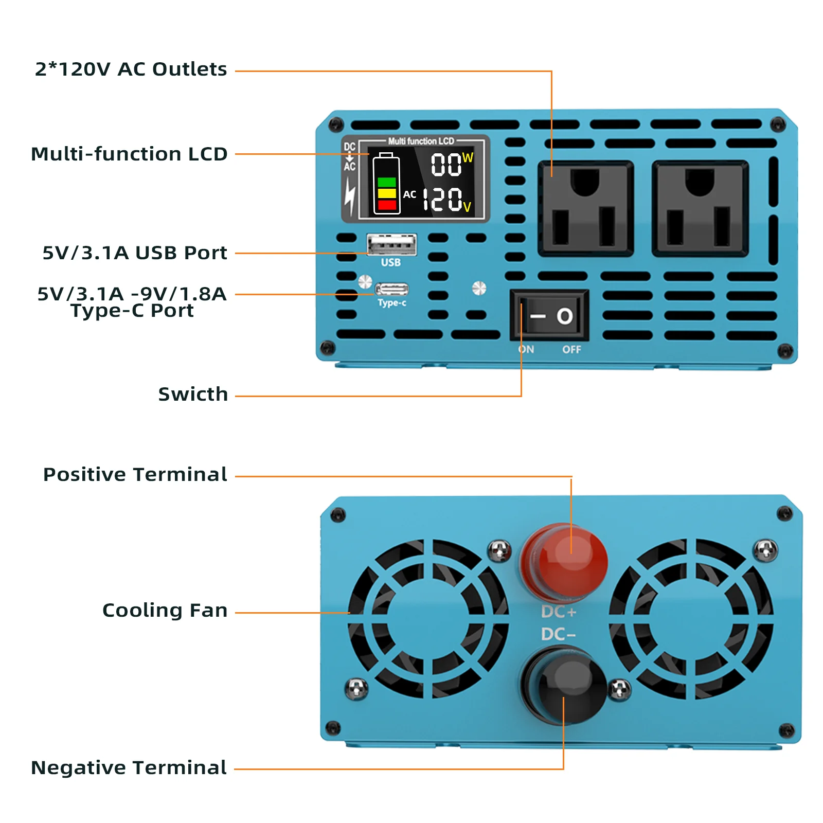 4500W Peak Pure Sine Wave Power Inverter 12V DC to 120V AC, 2200W with 2 AC Outlets, Dual USB & LCD Display for Cars,RV, Truck, Solar System, Off-Grid, Camping,Emergency Backup Power