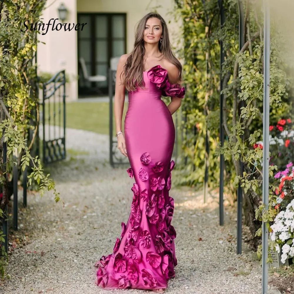 Sunflower 3D Flowers One-Shoulder Mermaid Evening Dresses Saudi Arabia 2024 Slim Satin Floor-Length Party Gowns Prom Dress