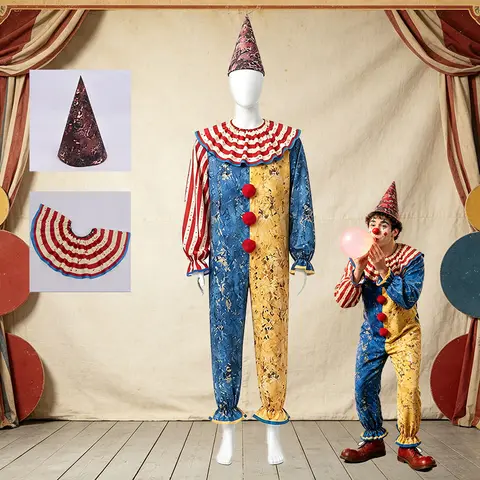 Adult Halloween Retro Clown Cosplay Costume Set Vintage Jester Masquerade Party Outfit with Hat Full Dress up for Carnival