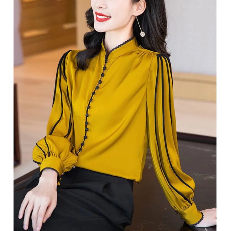 Fashion Stand Collar Button Spliced Folds Ruffles Blouse Women Clothing 2023 Autumn New Casual Pullovers Loose Office Lady Shirt