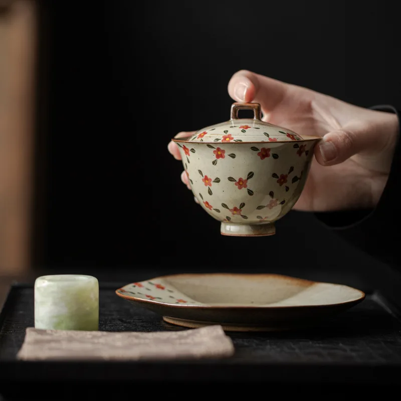 Imitation Wood Burning Cover Bowl Hand-painted Tea Bowl Teacup Anti-ironing Tea Infuser Pure Hand-made Coarse Pottery Cover Bowl