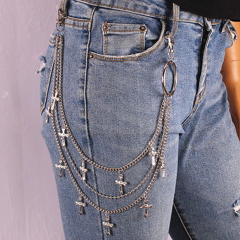 Punk Pants Keys Chain Women Men Cross Keychain Gothic Belts Jeans Rock Hip Hop Jewelry Party Gifts