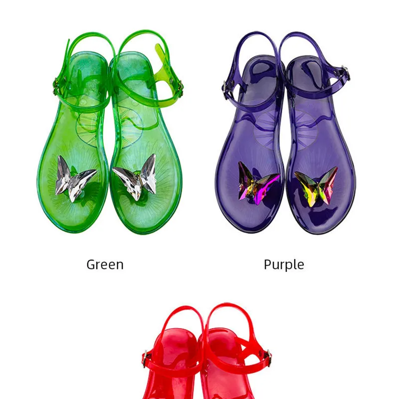 Girls Clear Green Purple Sandals Buckle Strap PVC Jelly Casual Thongs Low Price 25CM 35-41 Colorful Butterfly Summer Zoris Shoes