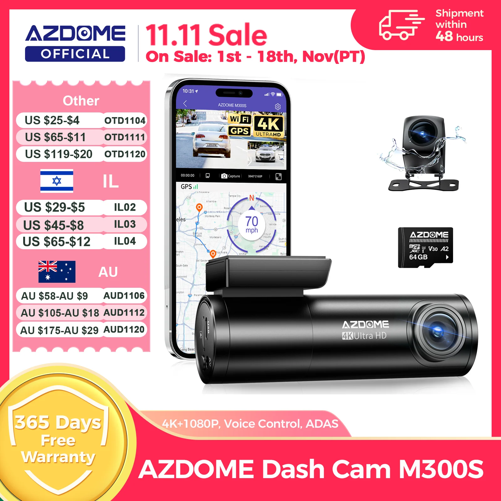 AZDOME M300S 4K 전후방 블랙박스, 내장 ADAS WiFi GPS 차량용 블랙박스, 무료 64GB 카드, 음성 제어, 야간 시야 기능