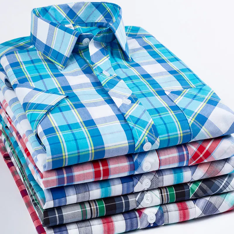100% Cotton Shirts for Men Thin Short Sleeve Striped Check Shirt Summer Casual Male Office Business Dress Shirt Plus Size S-8XL