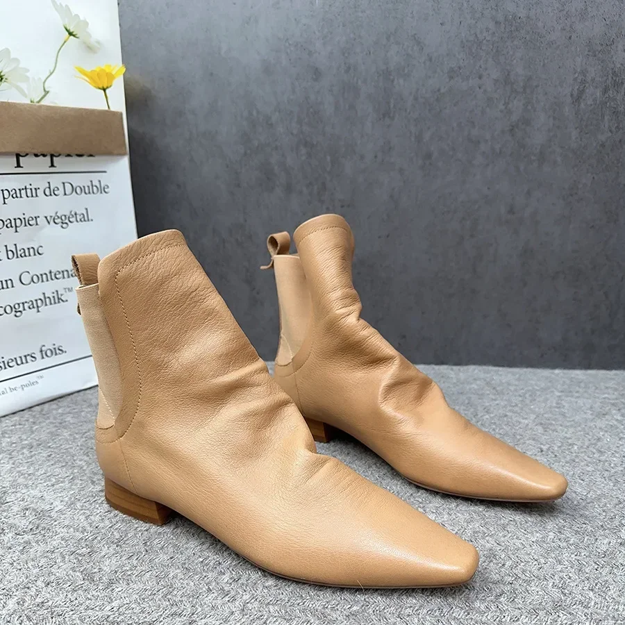 Birkuir Pointed Toe Ankle Boots For Women Elastic Band Genuine Leather botas mujer Loafers Luxury Ladies Soft Thick Heel Shoes