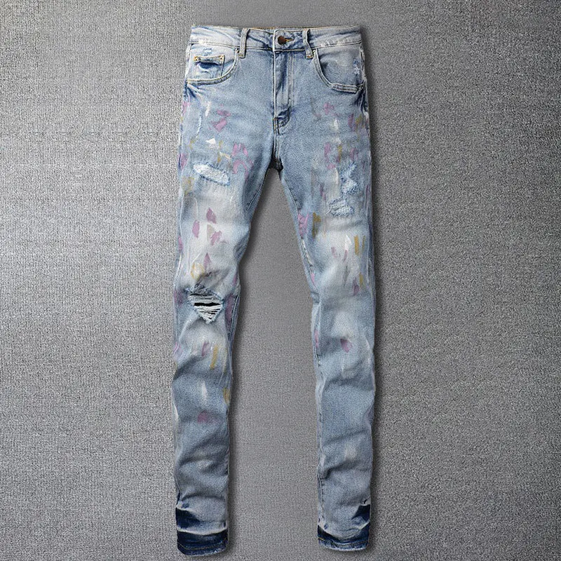 

Ripped Jean Noir Homme Hole Jean For Men Motorcycle Pants Men Jeans Skinny Color Splash Streetwear Blue Patchwork Jean Hombre