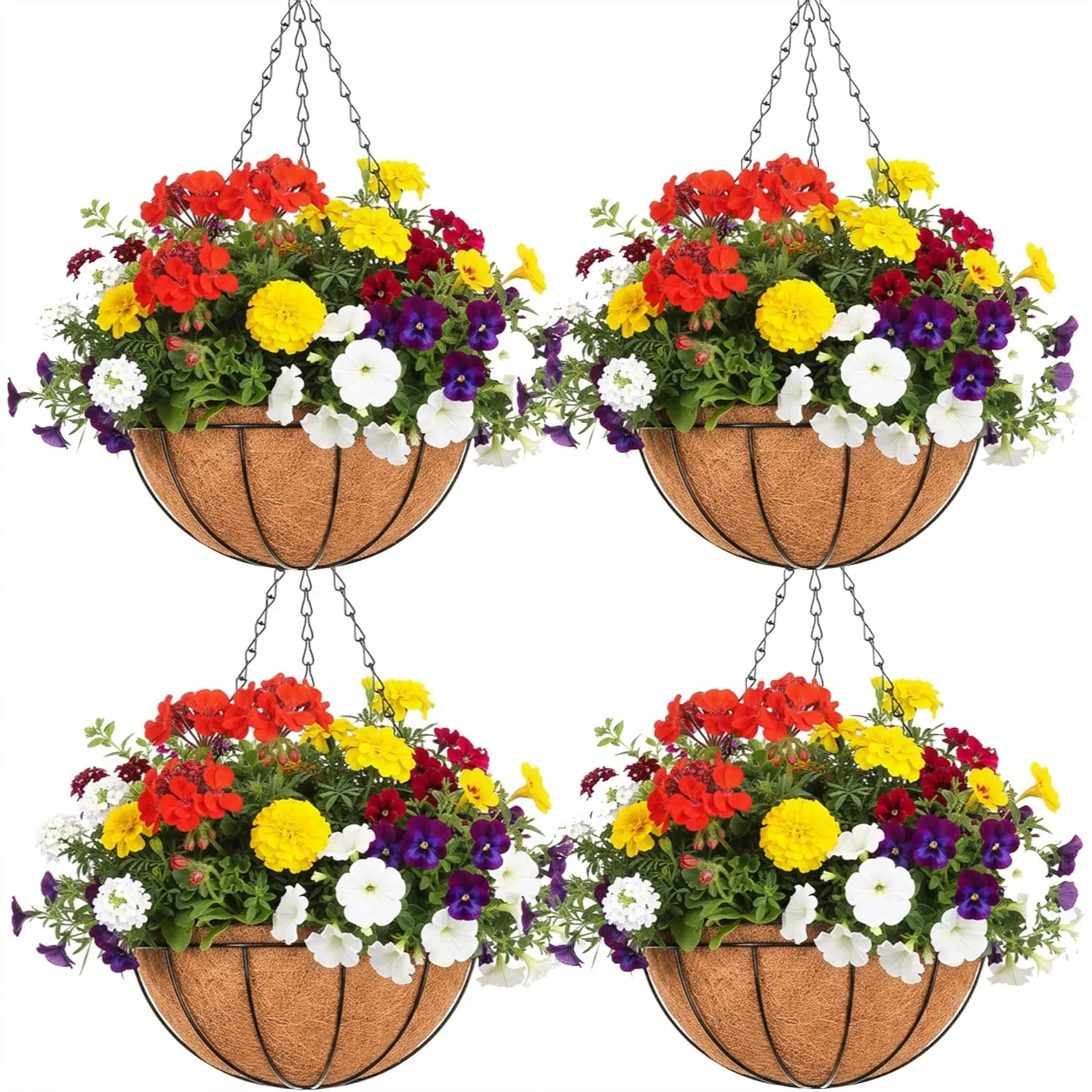 

Metal Hanging Planters Basket 4 Pack 8 Inch Round Wire Plant Holder with Coco Fiber Liners for Garden Patio