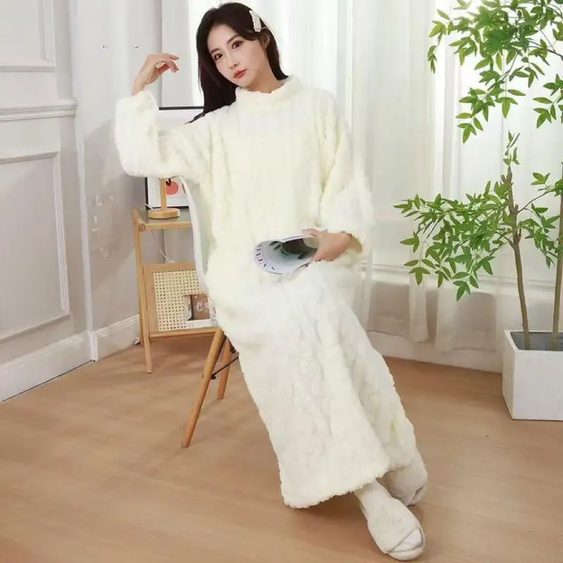 

Girl Solid Color Nightdress Autumn Winter Coral Fleece Pj Homewear Soft Bathrobe Sleepwear Woman Keep Warm Bathrobe New Pajamas