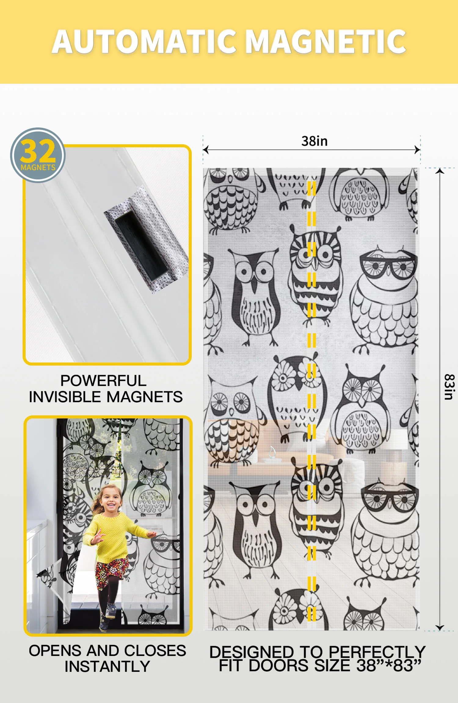 Cute Owl Kitchen Door Curtain Mosquito-proof Window Screen Bedroom Magnetic Door Curtain