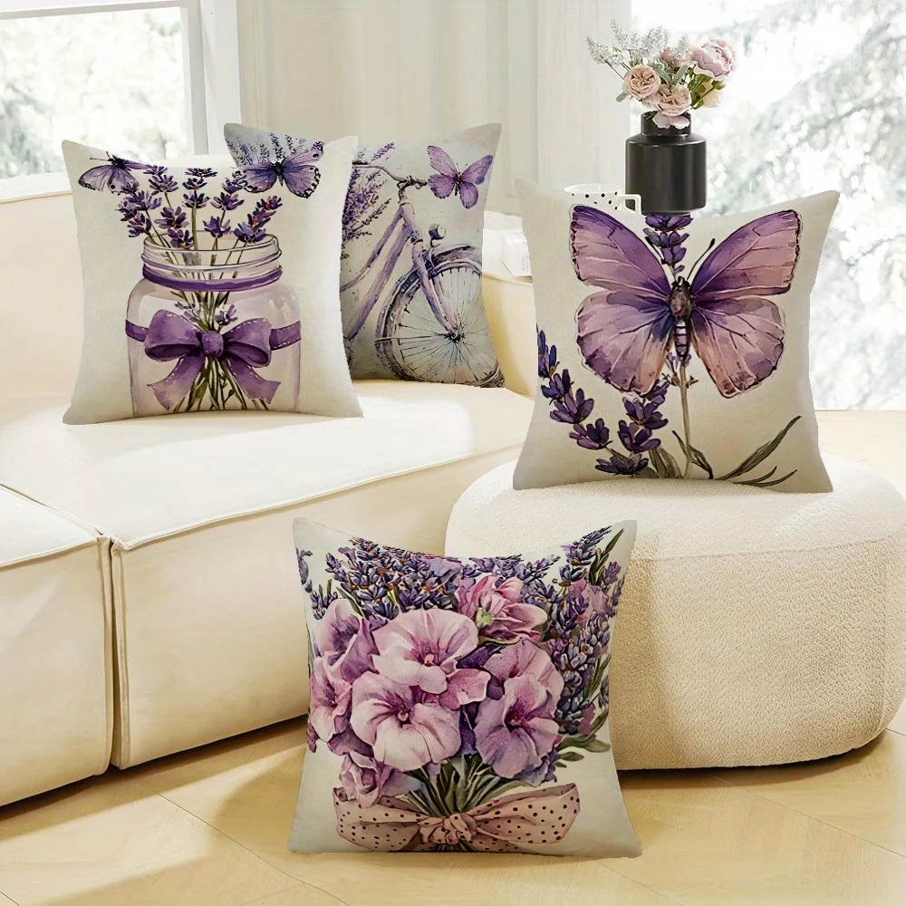 2D Plano - 4 Fundas  Almohada 2D  un Lado con Tema  Lavanda | Patrón Floral y  Mariposas Vintage, Poliéster, Estilo Bohe