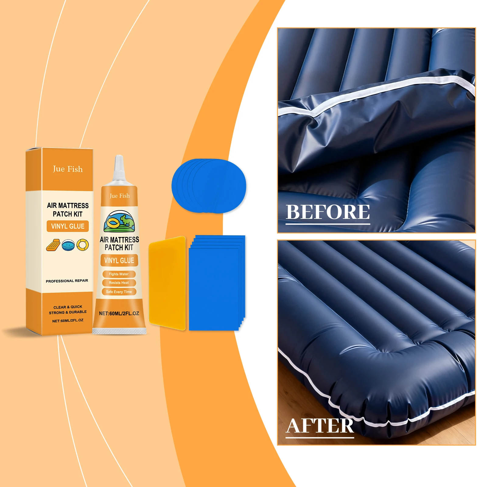 Air Mattress Repair Kit Vinyl Glue with Patches Waterproof Sealant for Inflatable Bed Pool Float Camping Mat Boat Fix Heavy Duty