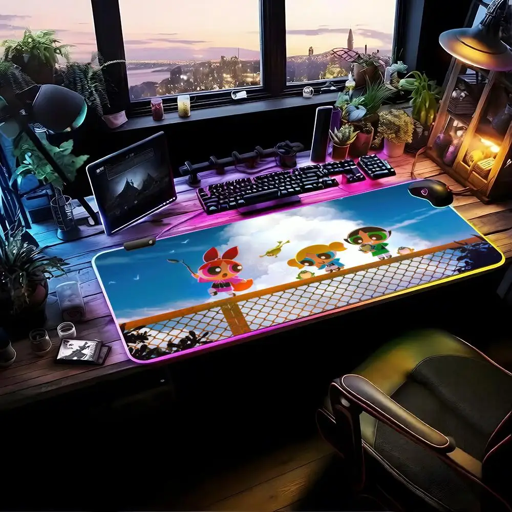 

A-power-puff-SES G-girls-S Mouse Pad RGB Gaming Mouse Pad Desk Mat HD Gamer Large LED Light XXL MousePads