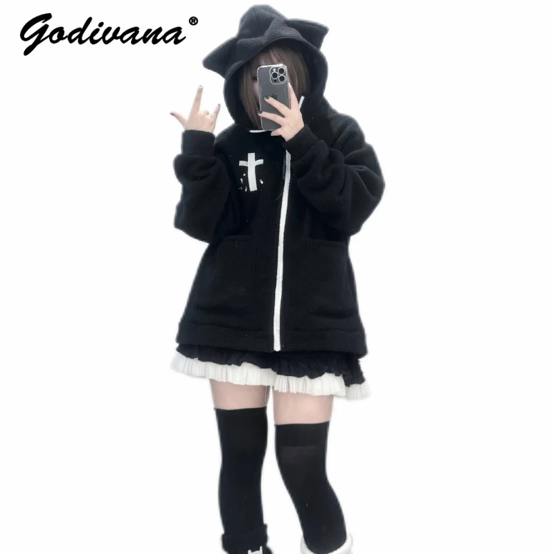 

Original Design Cotton-padded Coat Japanese Winter Long-Sleeved Zipper Hooded Lambswool Jacket Casual Parkas Outwear Girls