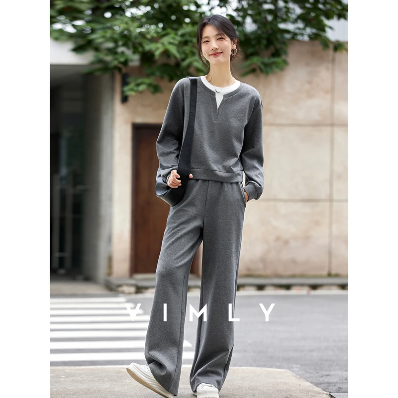 

VIMLY Women's Gray Sports Suit 2025 Autumn Patchwork 2 in 1 Round Neck Embroidery Tops Wide Legs Pants Two Piece Set Woman A1992