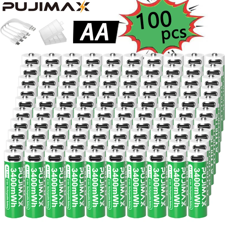 

PUJIMAX 100 pieces AA3400mAh rechargeable lithium batteries, with a stable voltage of 1.5V. Comes with a battery case. Portable power supply. Suitable for alarm clocks, remote controls, cameras, car accessories, Christmas decorations and other devices