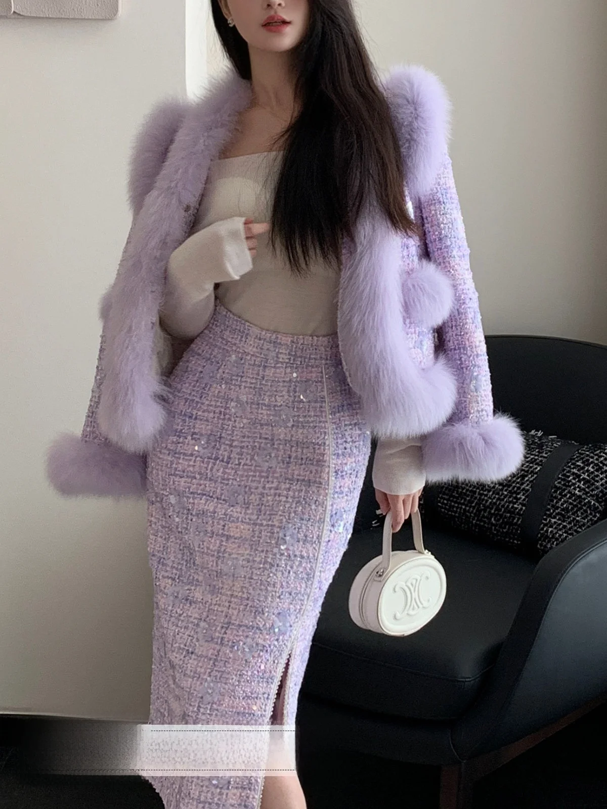 

Пришел лед | Фиолетовая короткая юбка с высокой талией и разрезом, расшитая пайетками, облегающая, для женщин, элегантная