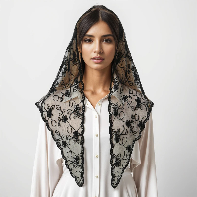 Fashion Church Shawl Lace Veil Polyester Scarf Bandana Church Prayer Wedding Mantilla Chapel White Embroidered Hijab Women Scarf