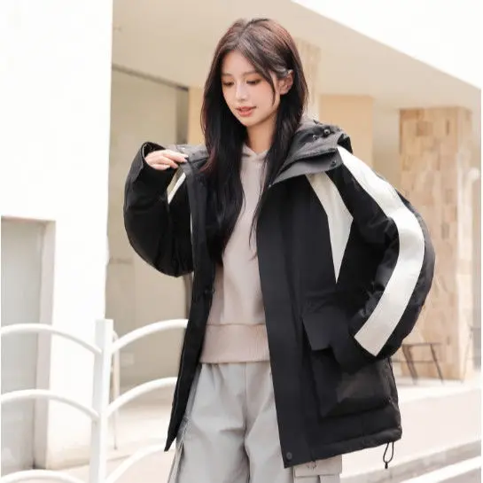 2025 Autumn and Winter New Women's Down Jacket Loose Hooded Splicing Windproof Workwear Jacket