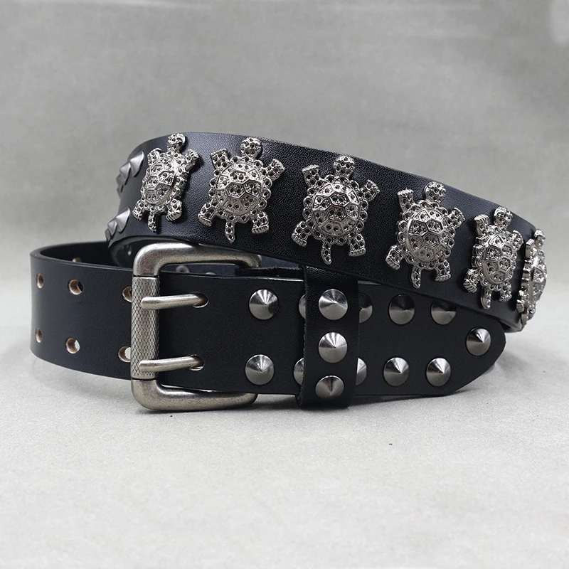 

Western Double Pin Buckle Tourle Skull Design Punk Hip Black Leather Men Belt Nightclub Belt for mens