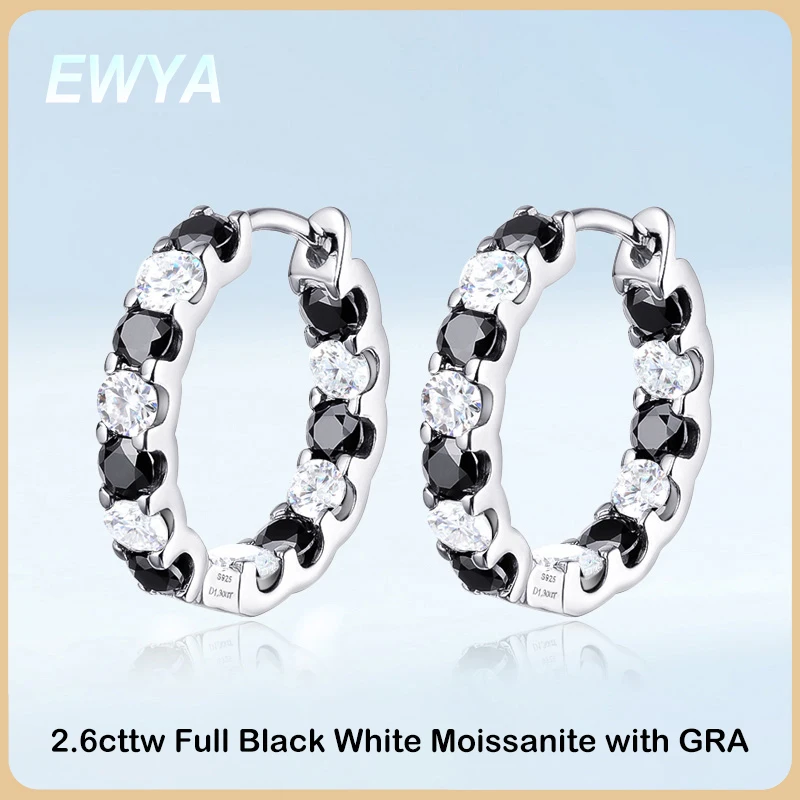 

EWYA Sparkling 2.6cttw D Color Full Black And White Moissanite Hoop Earrings S925 Silver Earring For Women Party Fine Jewelry