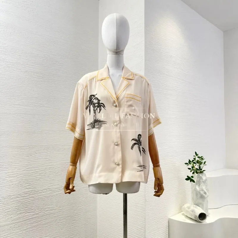 

Women White Beige Flowers Print Short Sleeve Blouse Top 2025 Cotton and Shorts Set