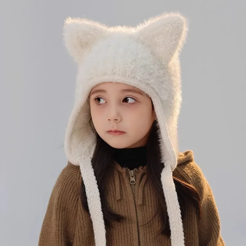Kids Knitted Hat New Winter Cartoon Ears Warm Cat for Girls Boys Beanie Cap Plush Warm Ear Protection Hats Child Bonnets