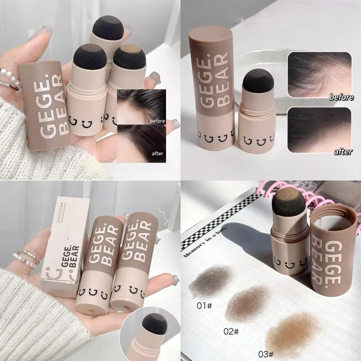 Pó de Sombra Capilar à Prova d'Água Gege Bear para Mulheres e Homens, Corretor de Cabelo Natural, Bastão de Sombra para Linha do Cabelo