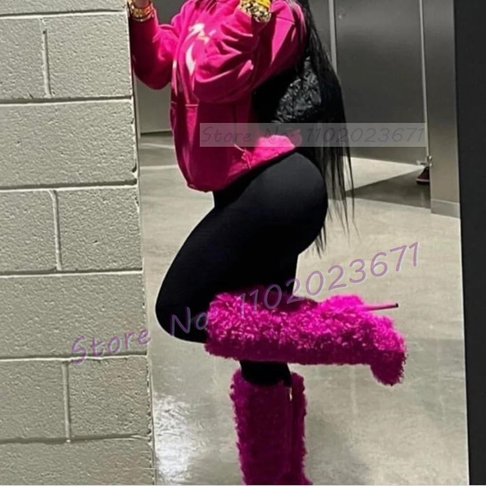 Hot Pink Shearling Hair Boots Women Sexy Thin High Heels Chic Curly Fur Party Shoes Female Luxury Round Toe Side Zipper Boots