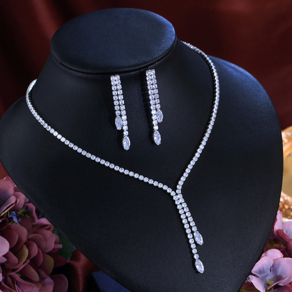 CWWZircons Bling Tassel Drop Zirconia Paved Damen Party Hochzeit Schmuckset Mode Braut Halskette und Ohrringe Großhandel T082 – Detail 6