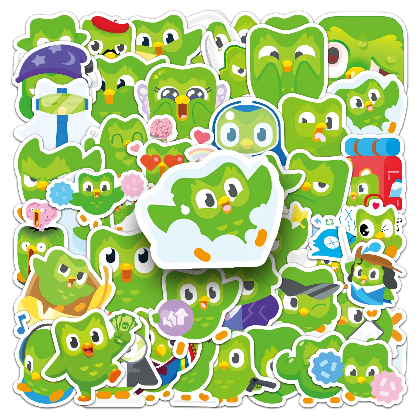 

50PCS Duolinguo Green Owl Cartoon APP Mascot DIY Decorative Skateboard Headphones Mobile Phone Case Waterproof Sticker Kids Toy