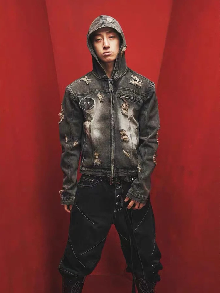 

Waed Destroyed Hole ey Denim Jaet with Metal Logo Hood ort Outerwear Youthful Vitali Sle Stand Fit Spring Autu...