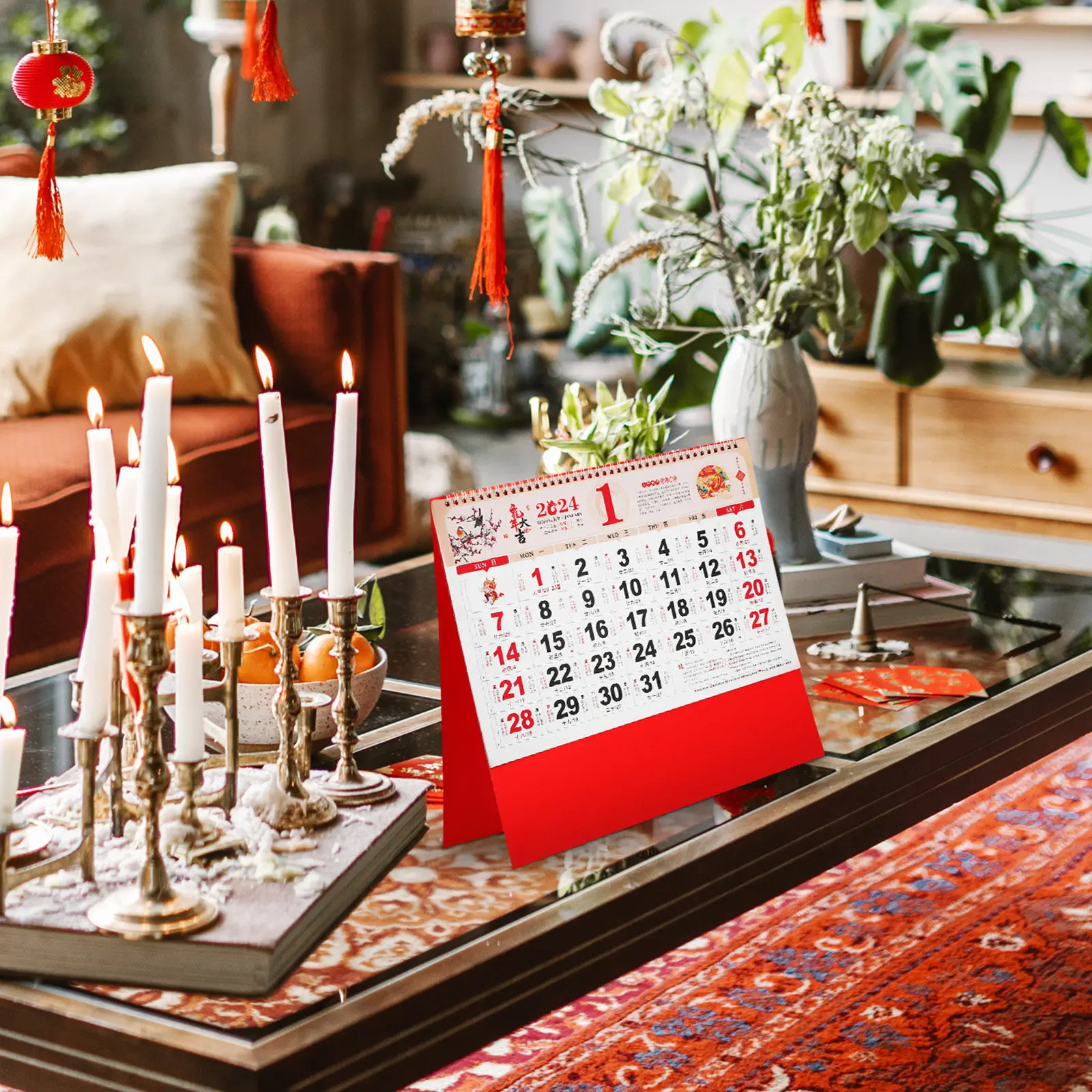 

2Pcs Traditional Chinese 2024 Hanging Calendar Year of Dragon Gold Foil Wall Calendar Lunar Planner Home Accessory