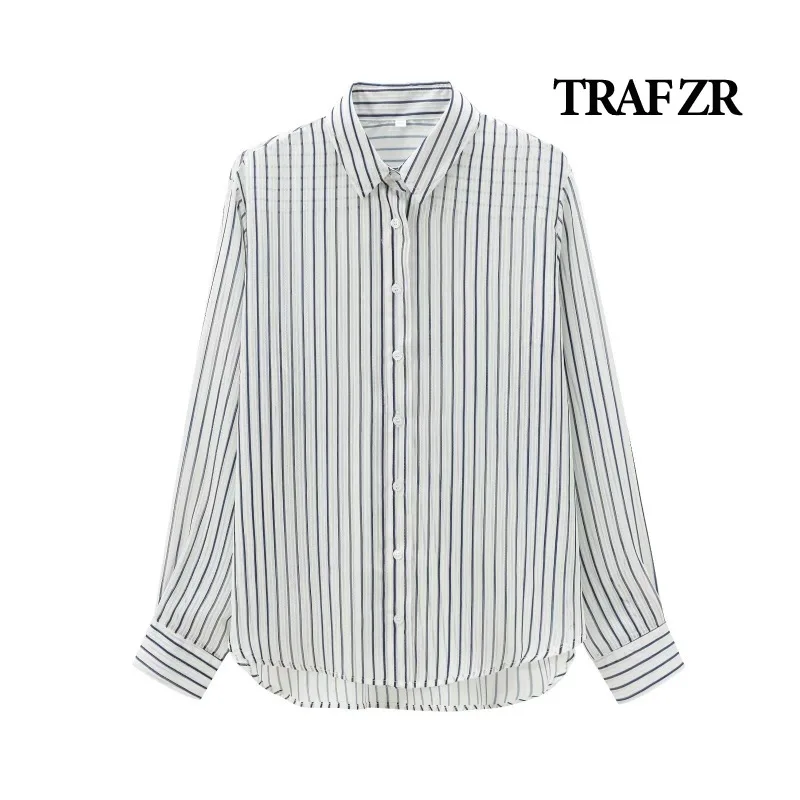 TRAF ZR Loose Blouses for Lady Striped Print Shirts Harajuku Fashion Y2K Tops Long Sleeve Shirt Elegant Women\'s Luxury Blouses