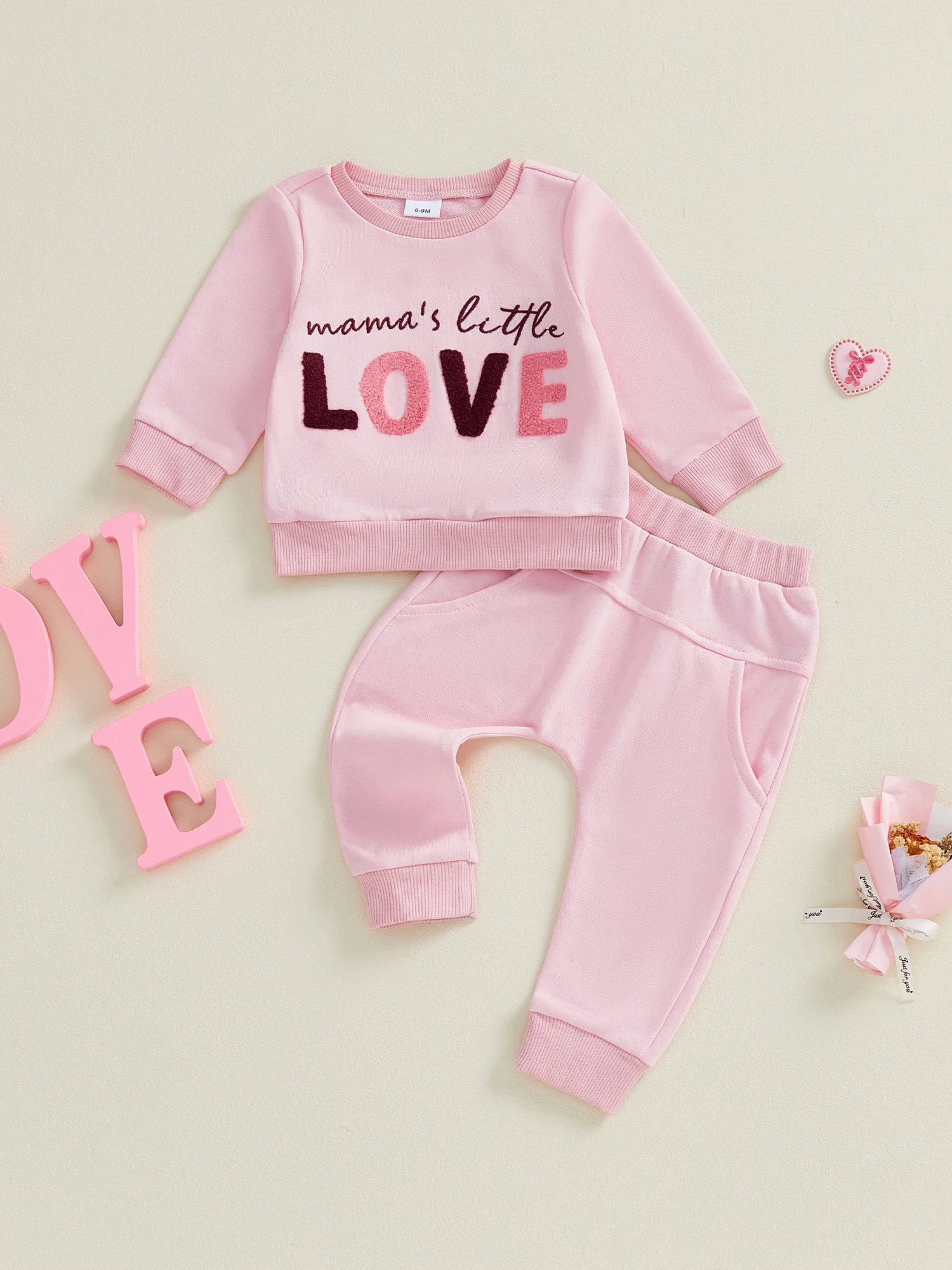 

Girls Valentine s Day Outfit Heart Print Long Sleeve Hoodie with Matching Joggers Set for Kids Embroidered Letters