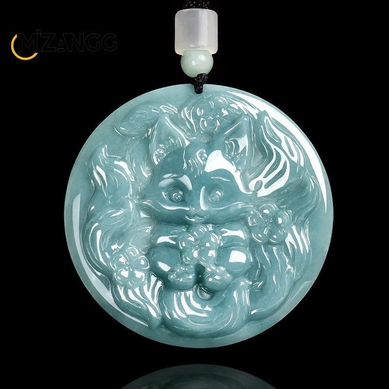 

Натуральный трапециевидный жадеит, синий водный дух, лиса, детский кулон, девятихвостая лиса, нефритовое ожерелье, милый индивидуальный женский подарок-талисман