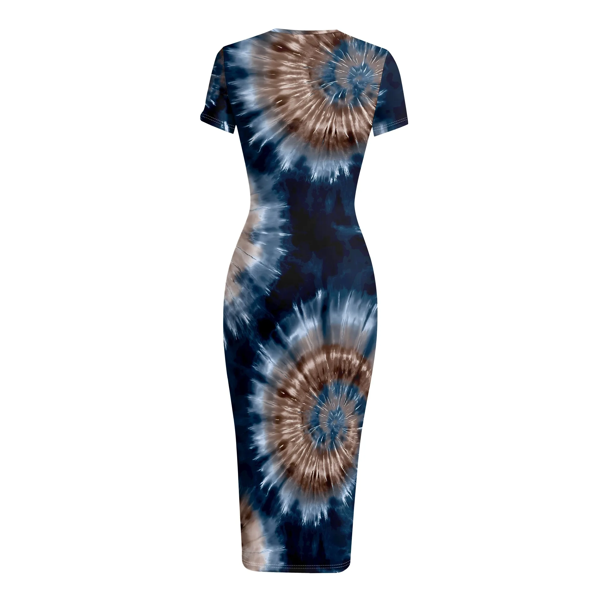 Tie Dye Print Short Sleeve Dress, Blue And Brown Swirl Pattern Midi Dress, Casual Summer Bodycon Dress For Women, S-2XL
