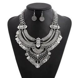 Bohemian Vintage Coin Tassel Statement Necklace Women Baroque Ethnic Style Sliver Color Necklace Party Jewelry Set