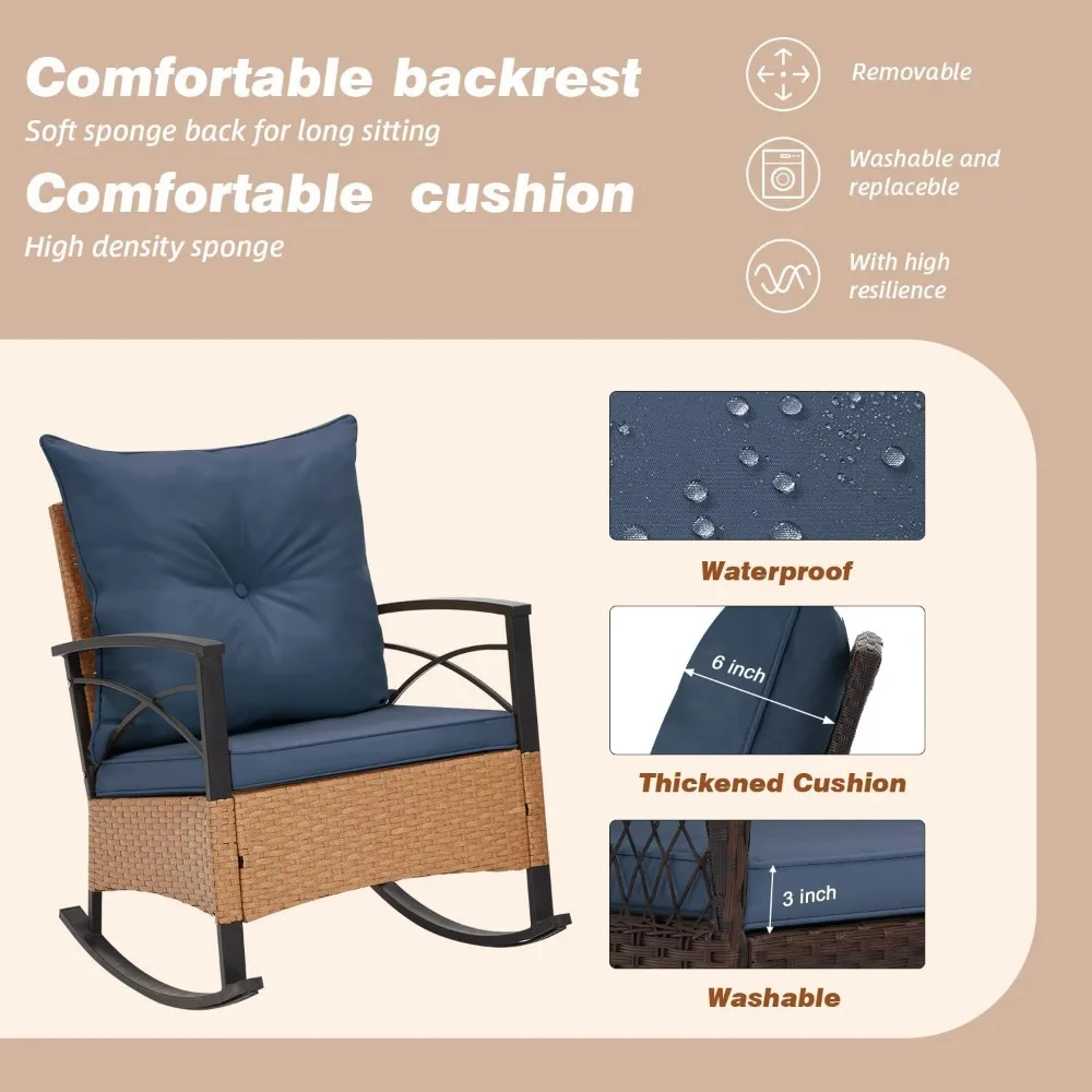 3-Piece Outdoor Patio Furniture Set with Rocking Chair, Cushions, and 2-Tier Coffee Table - Wicker Bistro Style