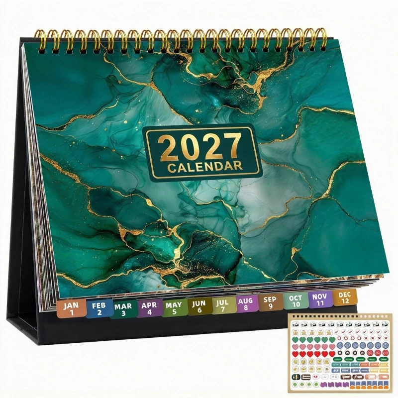2027 Desk Calendar, 13-Page Monthly Format with Twin-Wire Binding, Color-Coded Tabs, and Freestanding Display Base F19E