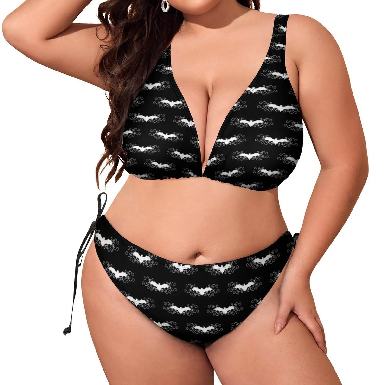 Cute Gothic Bats Bikini Swimsuit White Swirls Print Swimwear Sexy Push Up Aesthetic Bikinis Set Bath Bondage Oversized Swimsuits