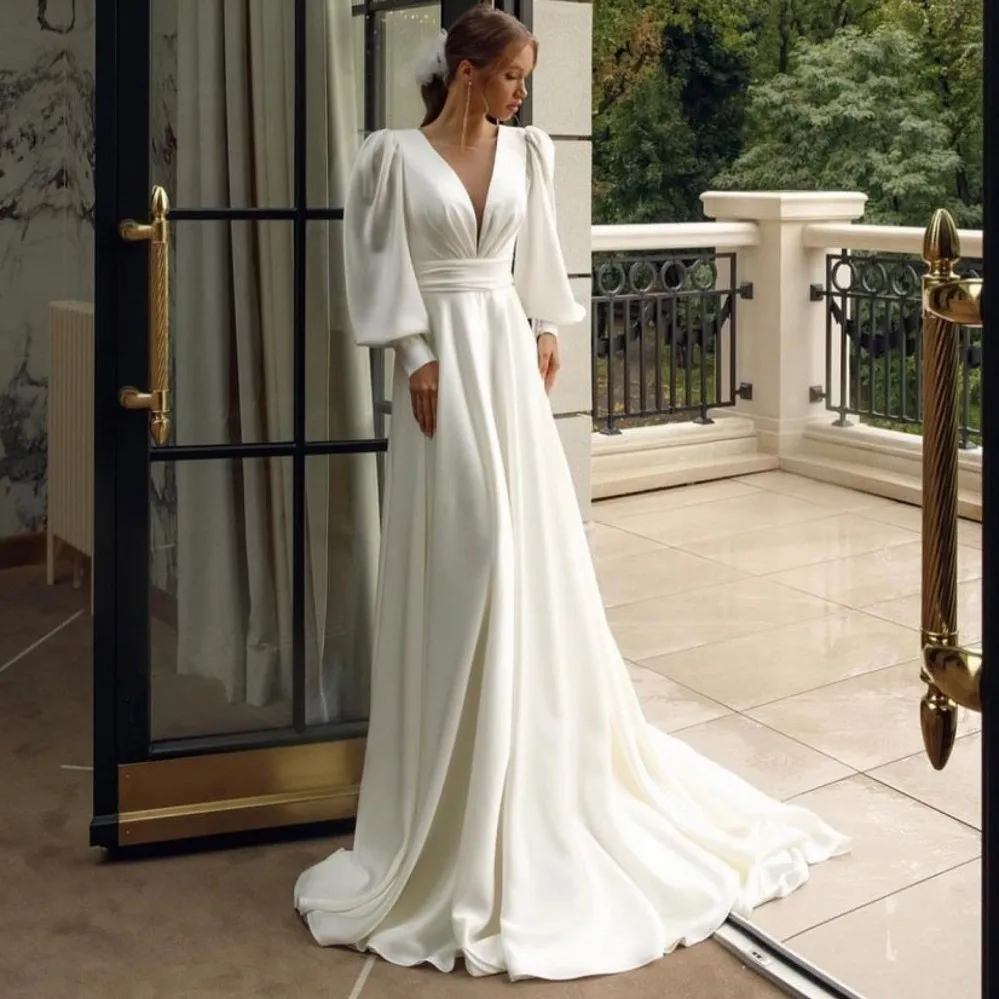Elegant Chiffon Wedding Dress 2025 Simple V-Neck Long Puff Sleeves White Bride Gowns For Women Modern Vestidos De Noiva